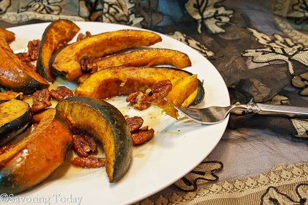 Curry Roasted Acorn Squash with Maple Syrup & Pecans