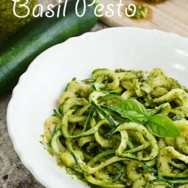 Basil Pesto over Sprialized Zucchini Noodles is a fresh, light, summery dish.