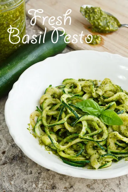 Basil Pesto over Sprialized Zucchini Noodles is a fresh, light, summery dish.