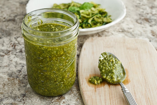 Basil Pesto is an easy summer sauce delicious on pasta, vegetables, or pizza.