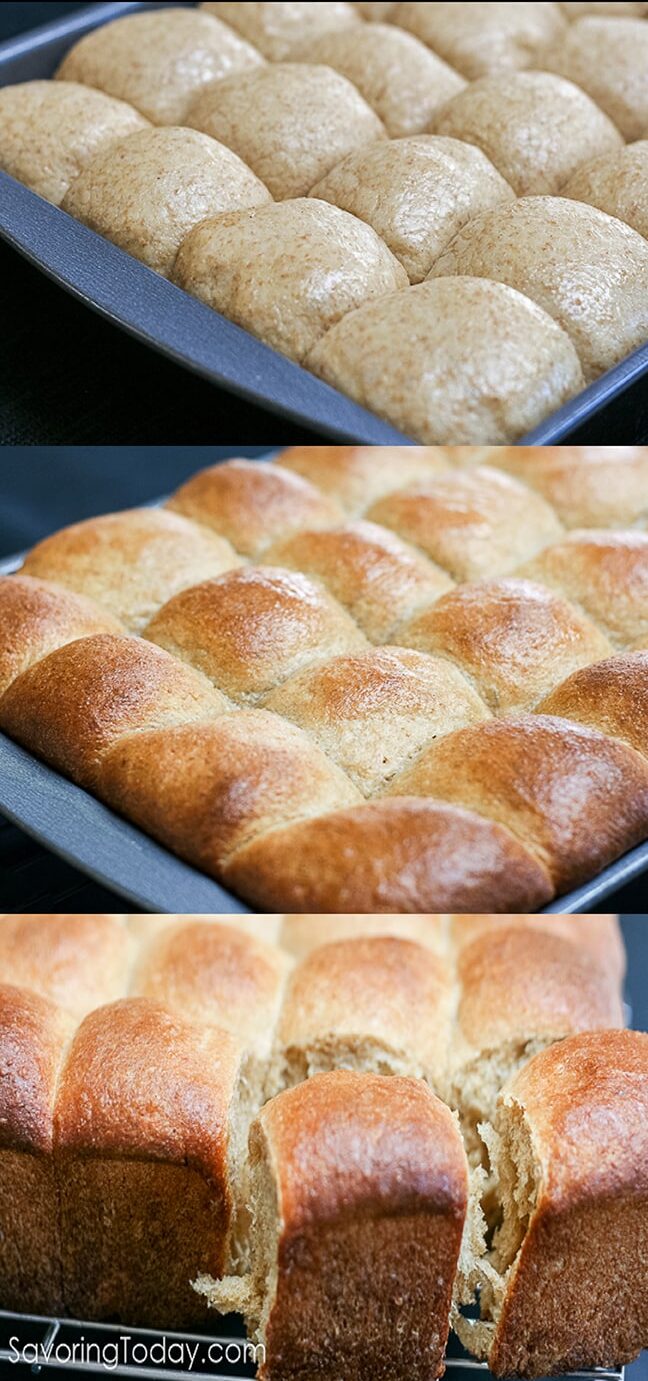 dinner rolls collage from rising to fresh from the oven