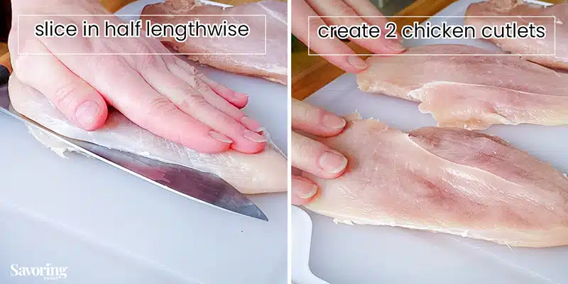 a hand flat on a chicken breast with a knife at the side to slice through it lengthwise to make chicken cutlets