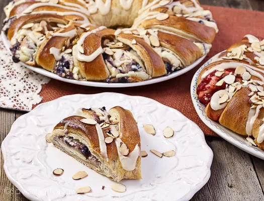A serving of Blueberry-Cream Cheese Stollen (Danish) for Christmas morning ~ always served with a side of bacon.