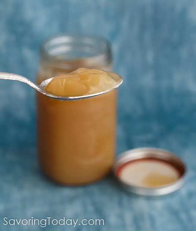Close-up of Homemade Chicken Stock gelled on a spoon with a mason jar of stock and lid in the background.