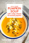 pumpkin soup in a bowl with a text banner
