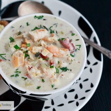 Restaurant quality seafood chowder at home with clams, shrimp and fish.