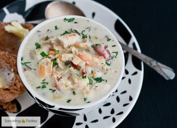 Restaurant quality seafood chowder at home with clams, shrimp and fish.