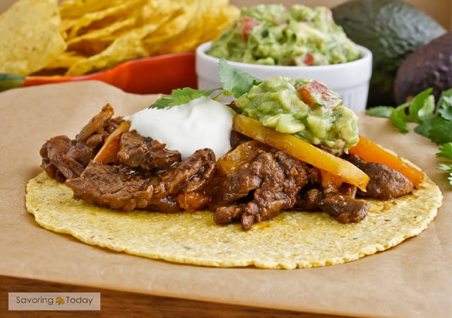 Seasoned beef, peppers and mushrooms in warm tortillas.