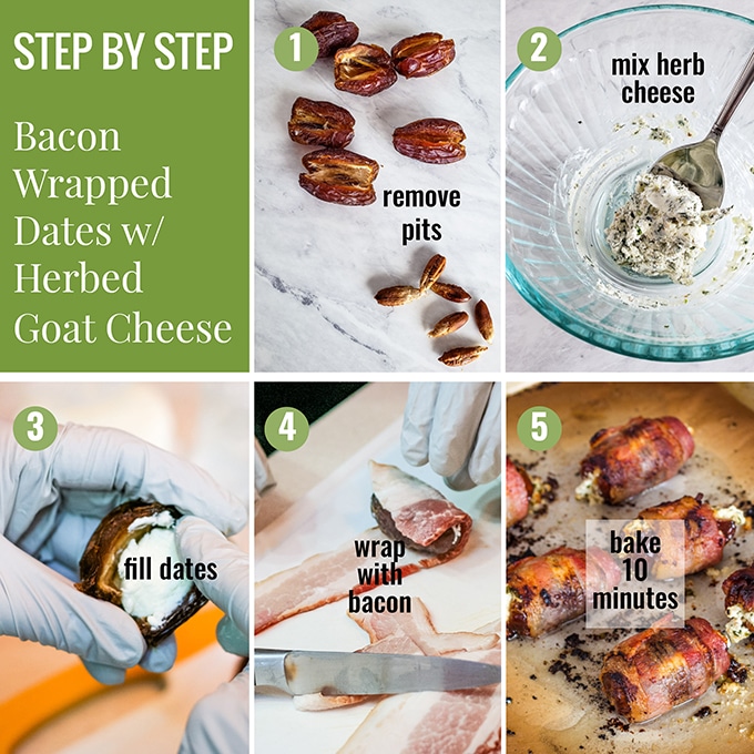 Step by step guide to bacon wrapped dates appetizer.