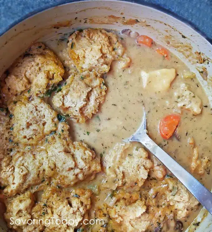 Chicken Stew with Dumplings in the pot. 