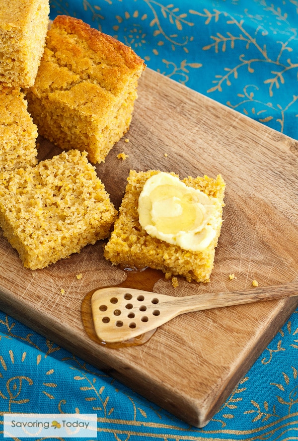 Cornbread recipe with sprouted grain flours and wholesome ingredients. 