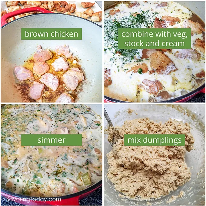 Steps to making chicken and dumplings in a Dutch oven.