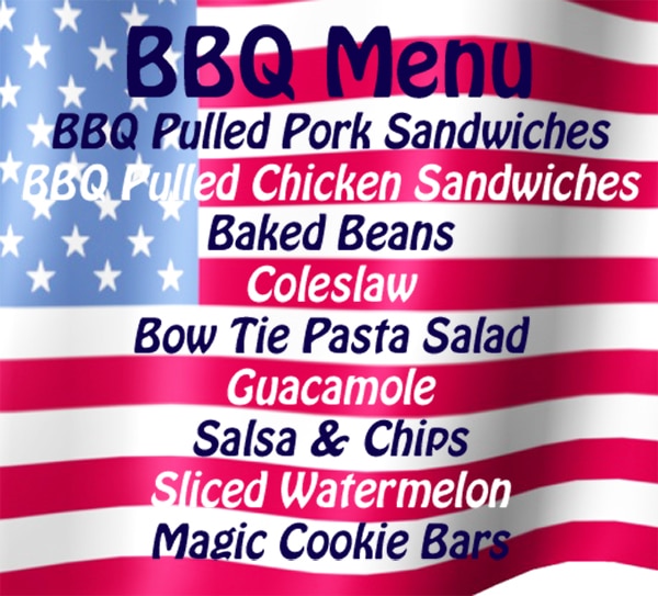 American flag with a bbq menu graphic