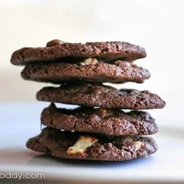 Chocolate cookies stacked on each other on a plate