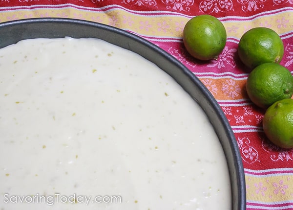 Key Lime Cheesecake ready for the fridge. This refreshing, no-bake cheesecake recipe is a light and dreamy dessert.