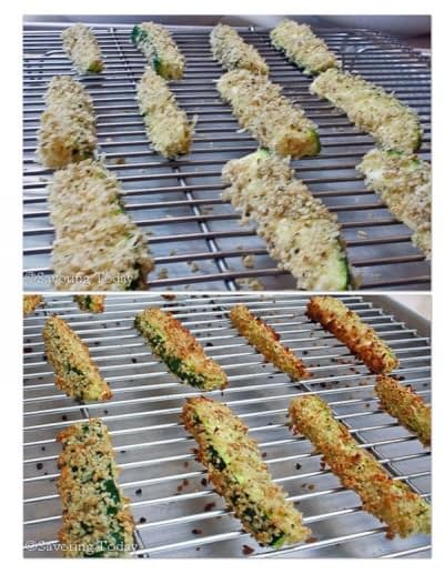 breaded zucchini sticks on a baking rack