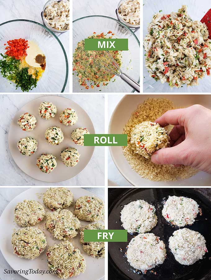 Process photos for mixing and rolling crab cakes.
