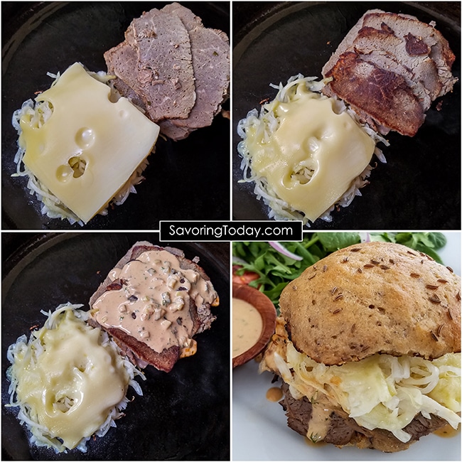 The process of grilling the corned beef with dressing and the sauerkraut with Swiss cheese for a Reuben sandwich.