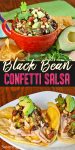 Salsa with black beans, corn and avocado in a red cup.