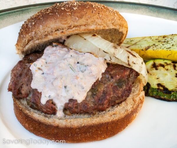 Green Chile Burgers with Grilled Onions and Salsa Mayo