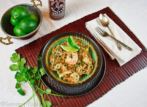 Pad Thai with Shrimp is served with fresh lime -- restaurant quality at home.