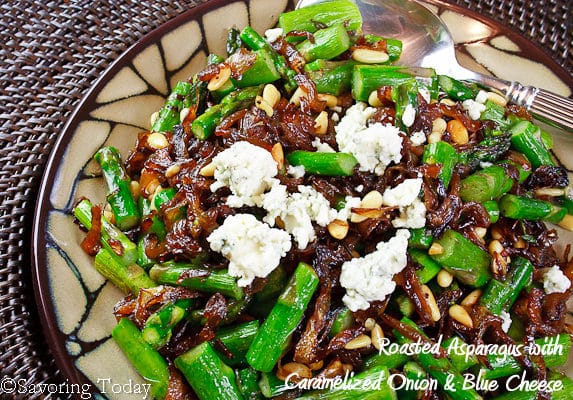 Roasted Asparagus w Caramelized Onions & Blue Cheese (close-up) | Savoring Today