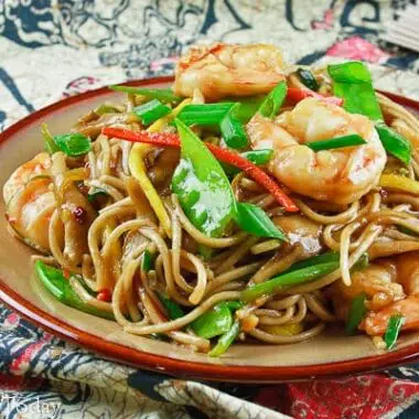 Shrimp lo mein with vegetables.