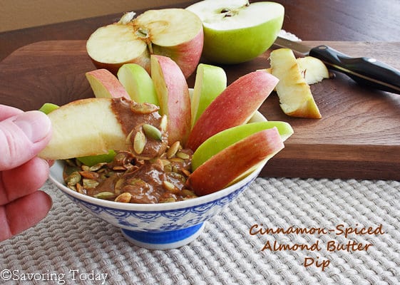 Take a bit of this healthy Cinnamon-Spiced Almond Butter Dip Recipe! 