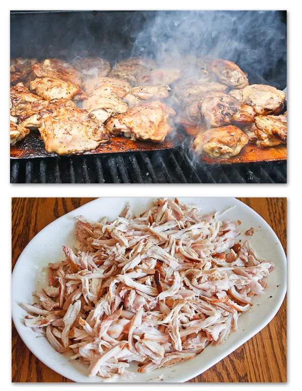 Chicken grilled over cedar planks.