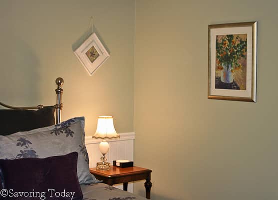 To brag on a kid just a bit, the art we chose for the walls was produced by our daughter, Kayla, while in art school. I think they fit the Romantic theme nicely.