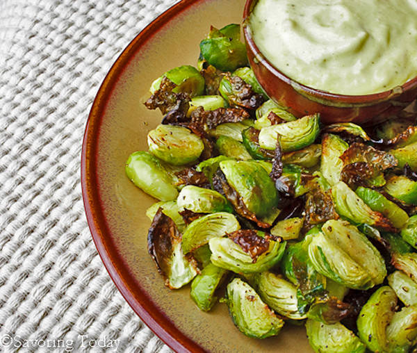 Roasted Brussels Sprouts with Roasted Garlic Aioli -- served - Savoring Today (1 of 1)