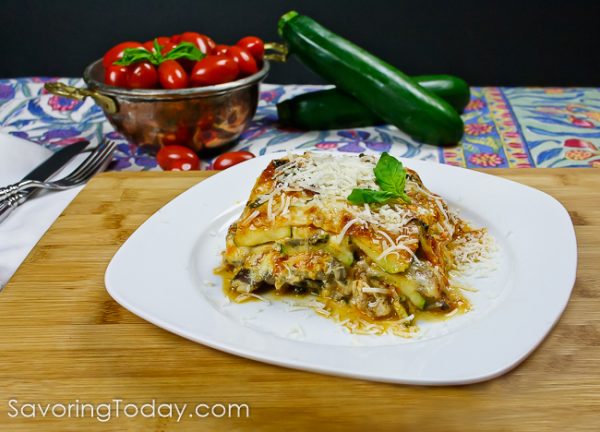 A serving of Meat Lover's Zucchini Lasagna makes a complete meal in one dish. Deliciously low-carb and gluten-free.
