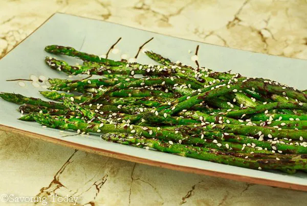 Hoisin-Sesame Grilled Asparagus - served | Savoring Today