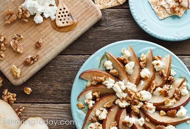 Make this simple appetizer recipe for your holiday table. Pear is an excellent substitution for the usual fig and goat cheese combo. 