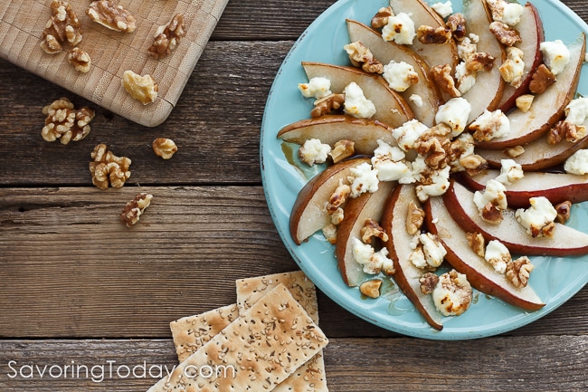 An impressive appetizer for holiday parties or elegant date night at home. This Pear and Goat Cheese recipe is an easy, go-to appetizer.