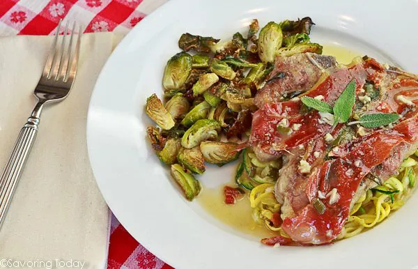 Veal Chops Saltimbocca served with Roasted Brussels Sprouts