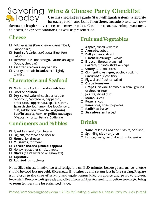 Wine and Cheese Party Printable Shopping List Guide