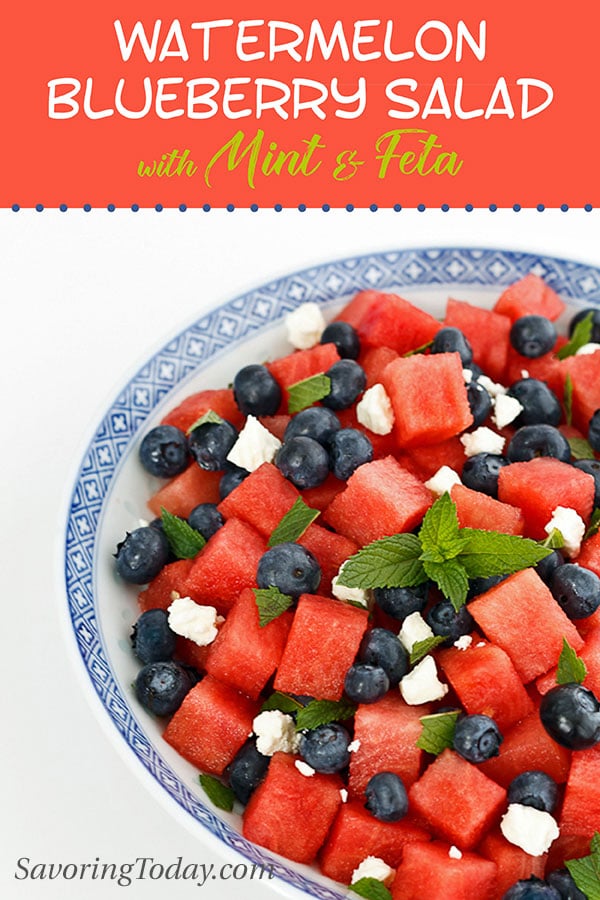 Watermelon and blueberry salad with mint and feta is a super simple side dish recipe for 4th of July or any summer barbecue.