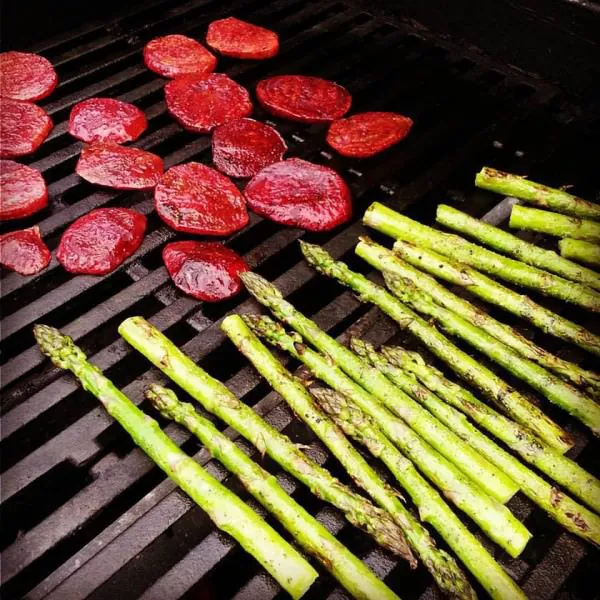 Grilling beets and asparagus on the grill brings great flavor to this dish.
