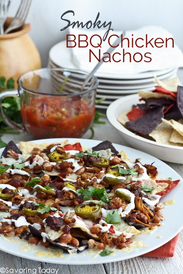 Super easy Super Bowl party appetizer recipe everyone loves. Smoky BBQ Chicken gives this nacho platter a new spin.