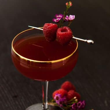A deep red cocktail made with damiana tea
