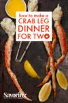 crab legs on sheetpan with lemons with text banner