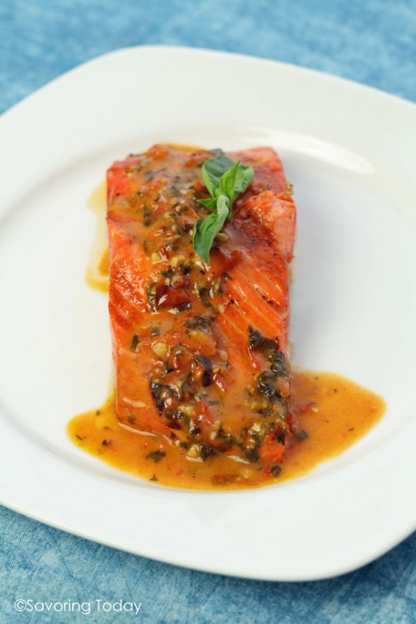 14 BEST summer grilling recipes. Grilled Wild Salmon served with Tomato-Basil Butter Sauce, made from compound butter and white wine.