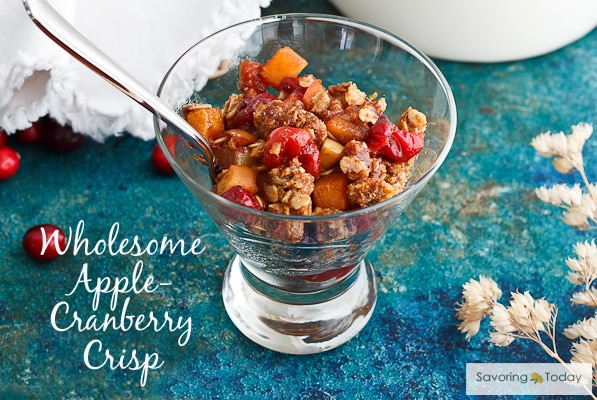 An updated gluten-free version of old fashioned Cranapple Crisp, this Wholesome Apple-Cranberry Crisp is made without refined sugar or flour.