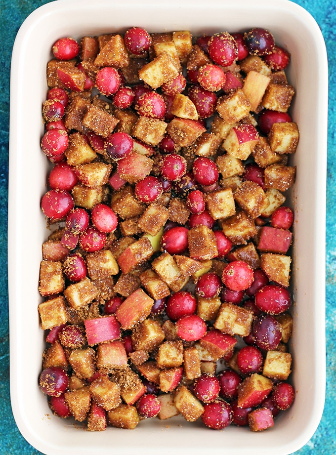 Apple Crisp with Cranberries in a baking dish 