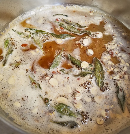 Glorious brown butter with sage and almonds. A delicious sauce recipe for noodles or fish.