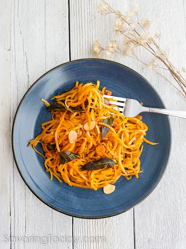 Butternut Squash noodles in almond and sage brown butter recipe. Easy, delicious and healthy!