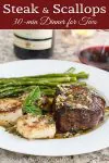 Pan-seared steak and scallops on a white plate with wine.