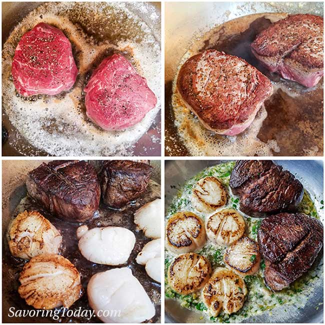 Photo collage of beef steak in a skillet, turned and scallops added.
