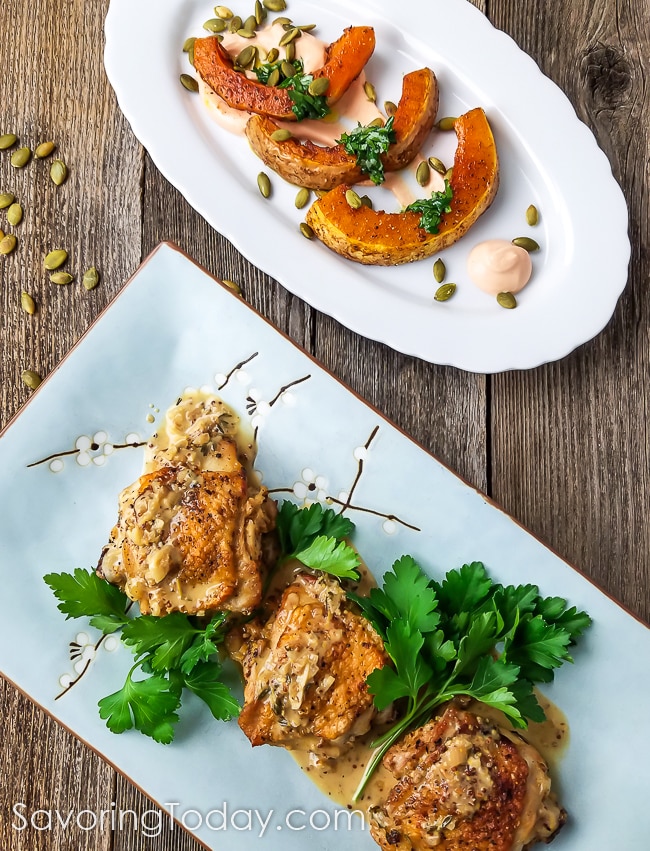 Chicken Thighs in Mustard Sauce with Roasted Butternut Squash and Gochujang Yogurt Sauce. 